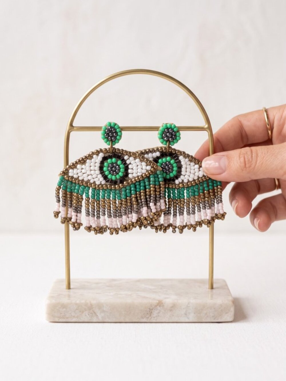Beaded Evil Eye Earrings Green Bead Fringe